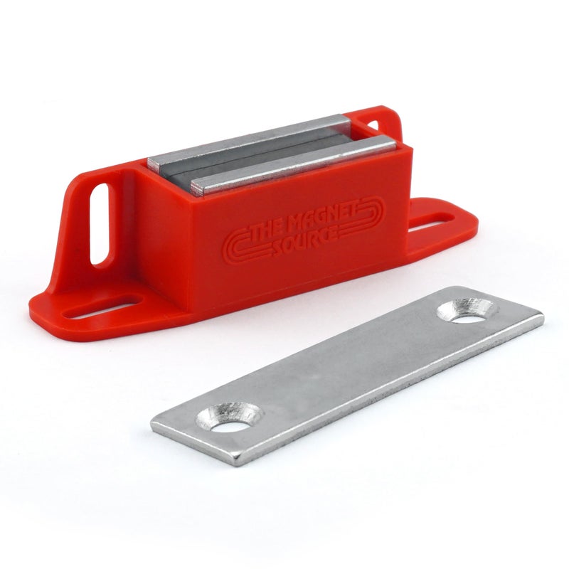 Master Magnetics Ceramic Universal Magnet Latch with Strike-Plate - Strong Heavy-Duty Magnets for Cabinet Doors - 2-Way Mounting - 50 lb Pull Each - 4.25" L x 0.938" W x 1.125" H - Red - 2-Pack - Image 1